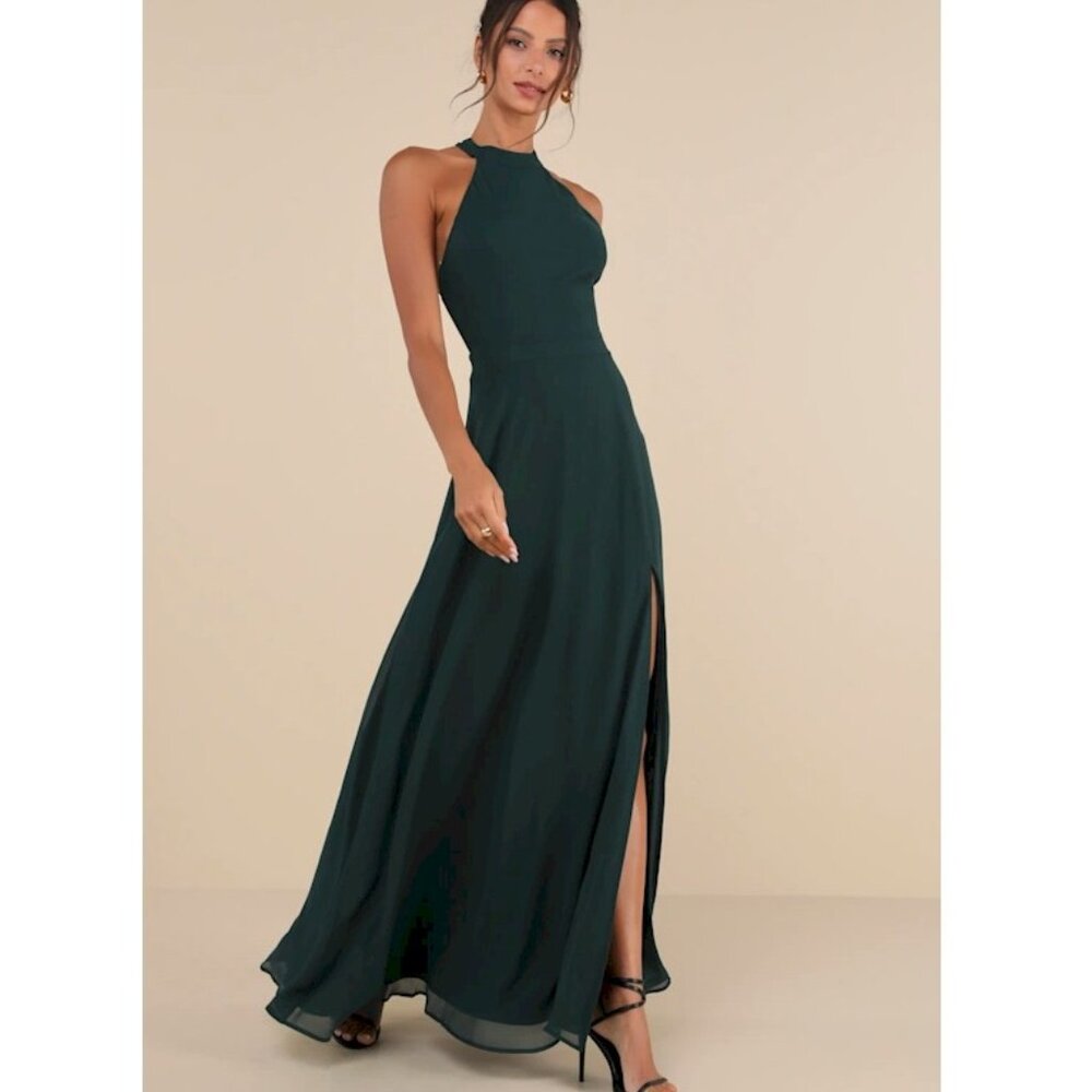 Lulus Confidently Charismatic Emerald Green Backless Halter Maxi Dress Small
